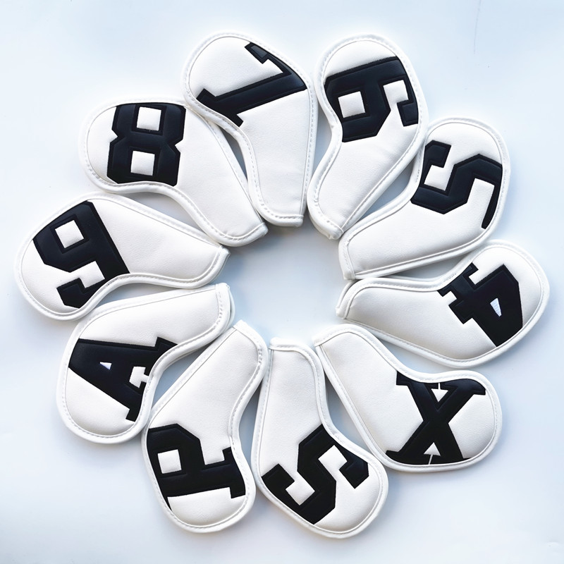 V888-ELOSUNG23739-202504141431-00 Black Words On White Background PU Leather Golf Iron Headcovers Set (10pcs) - Numbered Protective Club Covers (4-9, P, A, S, L) Universal Fit - Image 1