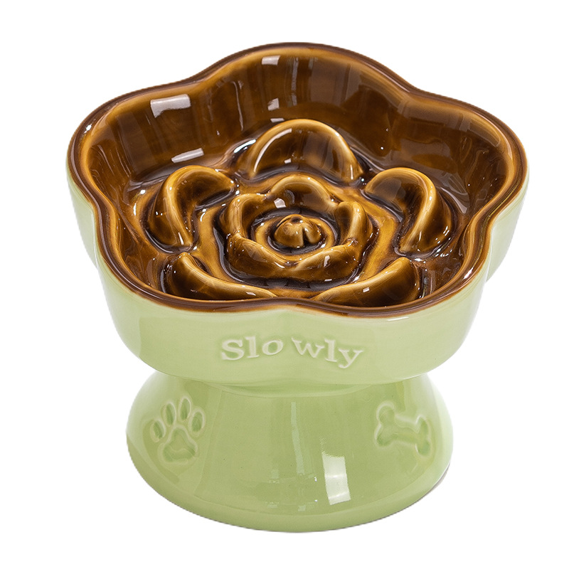 V888-ELOSUNG23763-202504141606-00 Green and Brown Ceramic Slow Feeder Pet Bowl for Cats and Small Dogs - Anti-Choke Elevated Design with 15-Degree Tilted Rim - Image 1