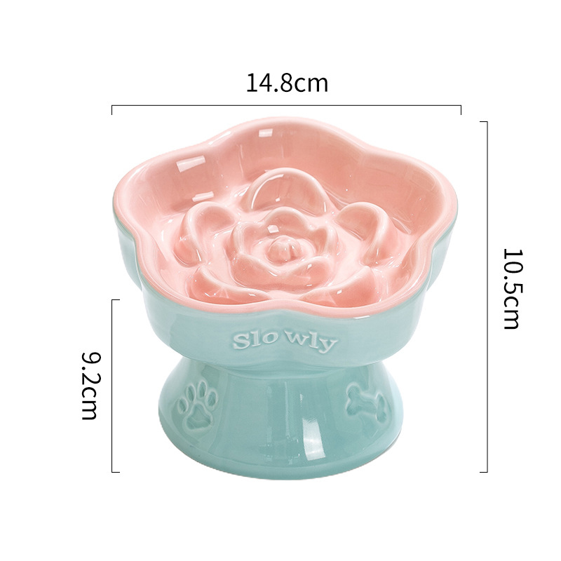 V888-ELOSUNG23764-202504141607-00 Blue and Pink Ceramic Slow Feeder Pet Bowl for Cats and Small Dogs - Anti-Choke Elevated Design with 15-Degree Tilted Rim - Image 1