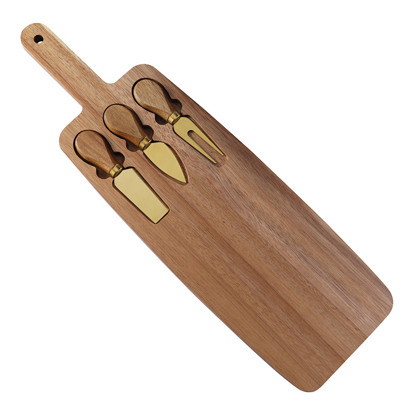V888-ELOSUNG23801-202504141712-00 Brown And Gold Premium Acacia Wood Cheese Board Set | Charcuterie Platter with 3 Stainless Steel Knives - Image 1