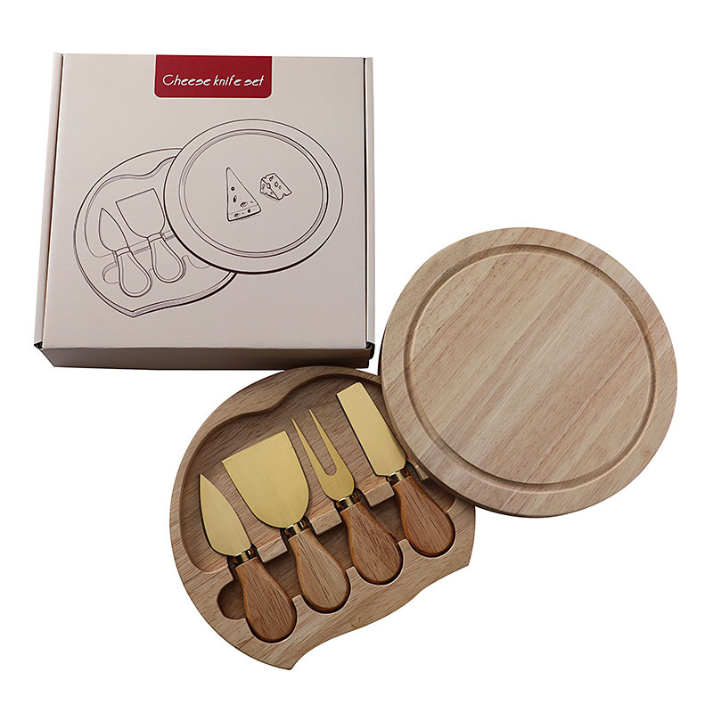 V888-ELOSUNG23804-202504141716-00 Brown And Gold Compact Round Rubberwood Cheese Board Set | 4 Stainless Steel Knives & Tools - Image 1