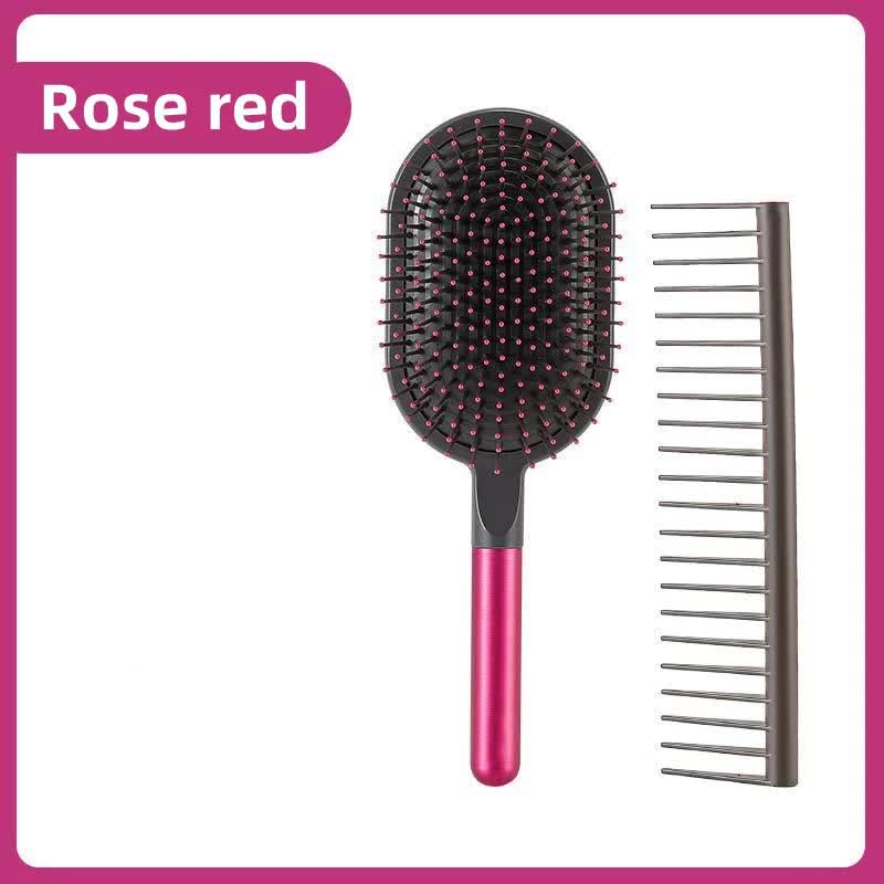 V888-ELOSUNG23840-202504141810-00 Rose Red Air Cushion Massage Paddle Brush & Wide Tooth Comb Set - Gentle Detangling for All Hair Types - Image 1