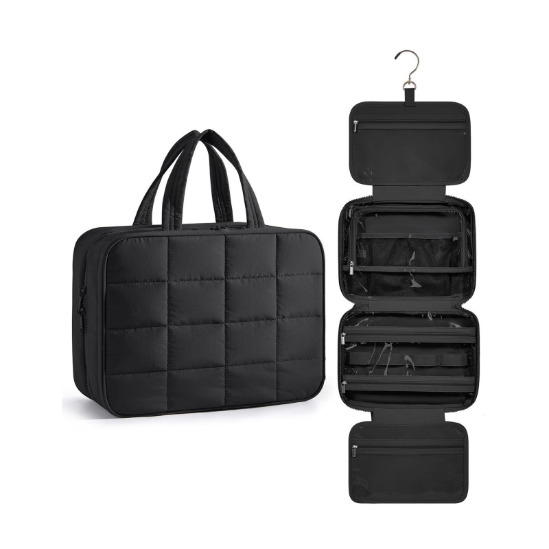 V888-ELOSUNG23870-202504141601-00 Size L Black Quilted Hanging Toiletry Bag with Jewelry Organizer - Travel Cosmetic Case(31*12*23) - Image 1