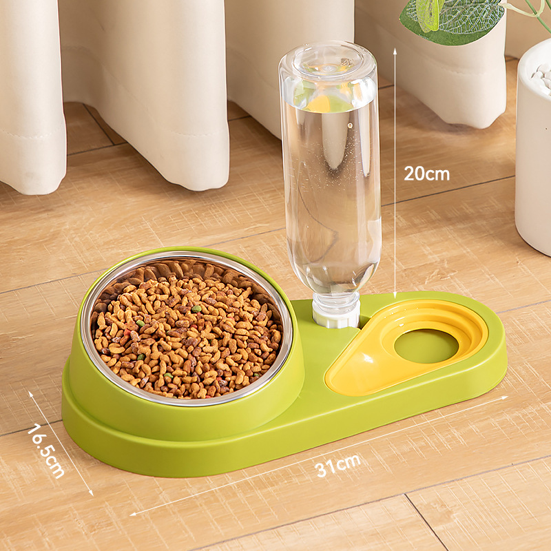 V888-ELOSUNG23876-202504141611-00 Green And Yellow Pet Bowl Set with Automatic Gravity Water Dispenser - Stainless Steel & PP Feeder Station - Image 1
