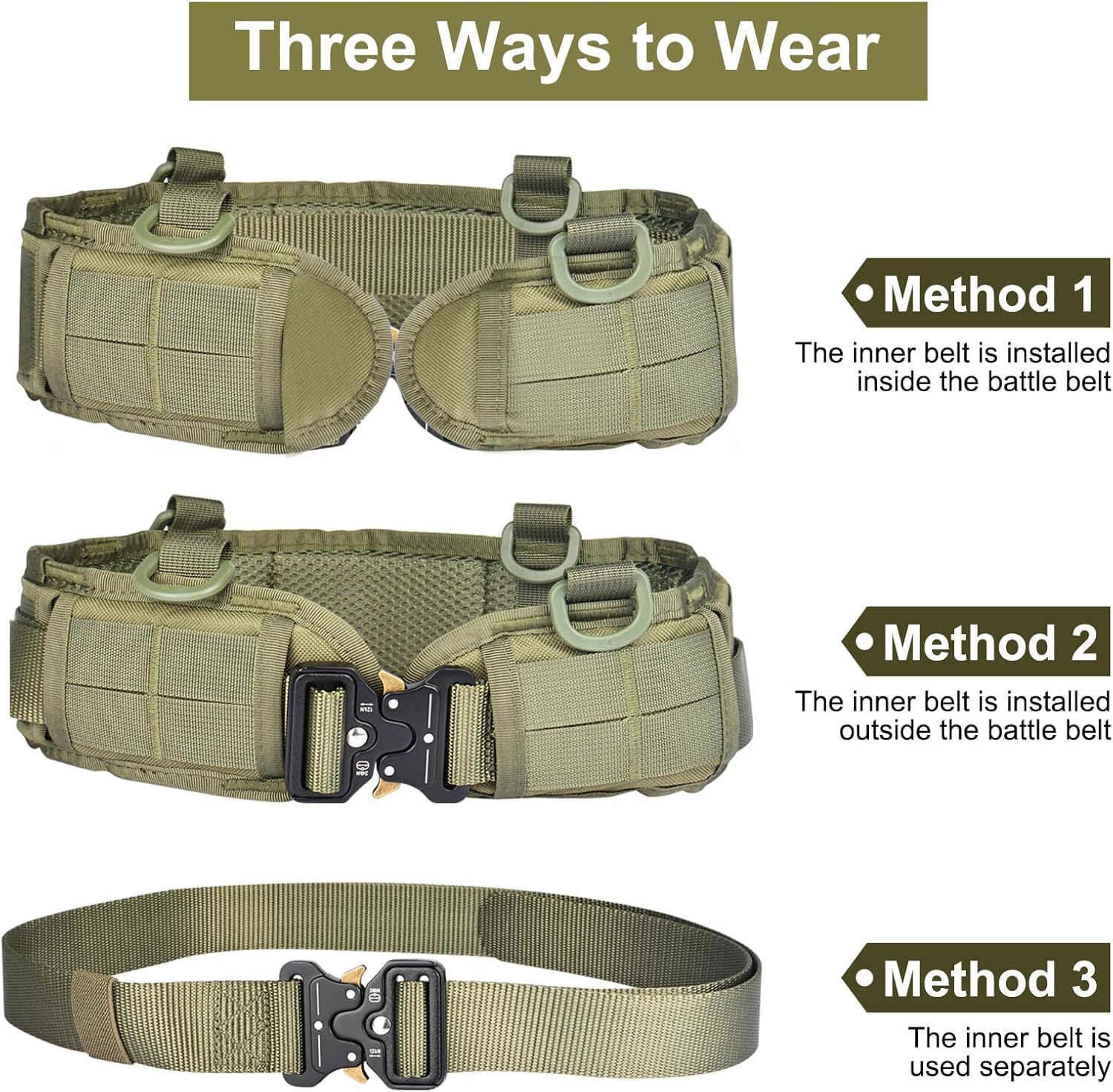 V888-ELOSUNG23950-202504171732-00 Green Adjustable Tactical Battle Belt Set - Padded MOLLE Outer & Nylon Inner Belt - Image 1