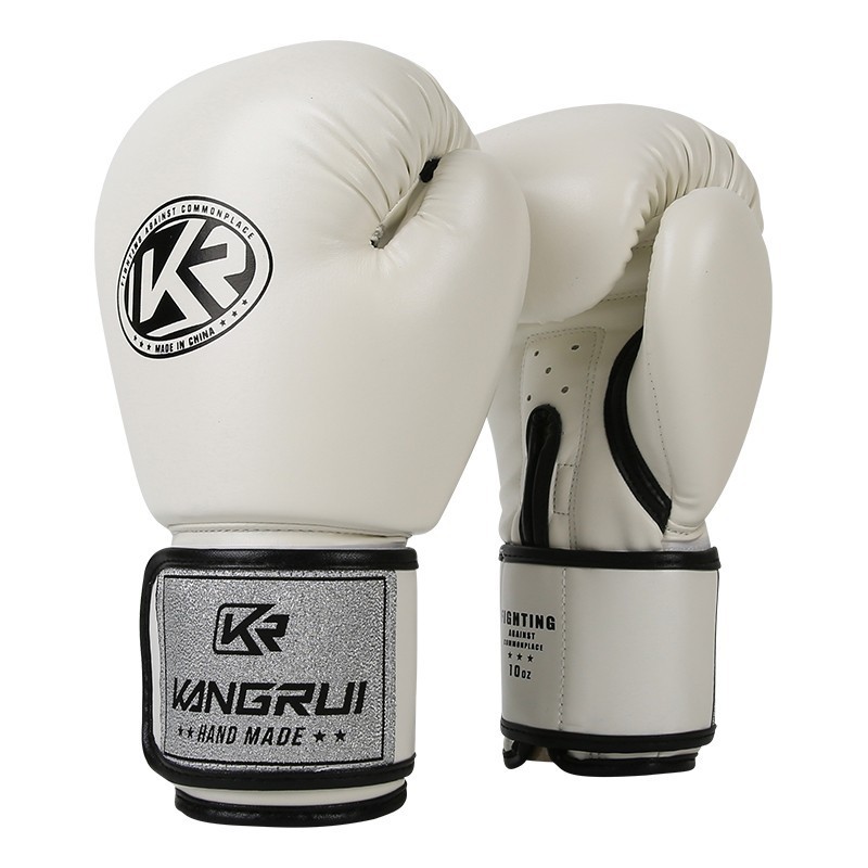 V888-ELOSUNG23998-202504171633-00 White And Silver Durable 10oz PU Leather Boxing Gloves - Padded & Ventilated for Training - Image 1