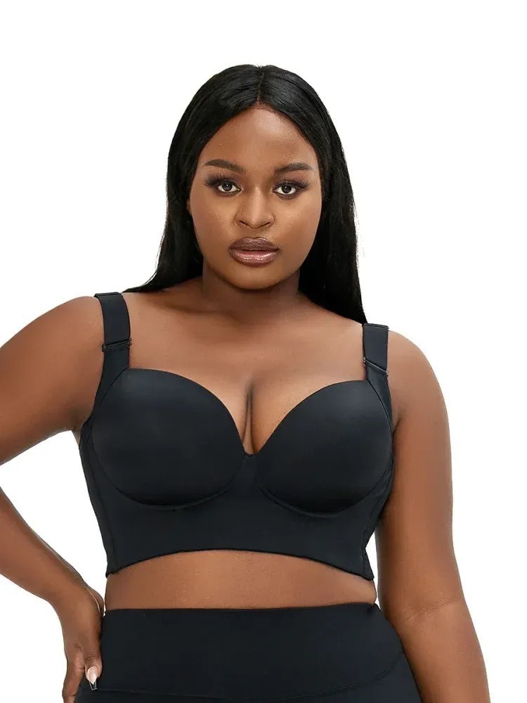 V888-ELOSUNG24034-202503211720-00 34/75D Black Plus-Size Seamless Underwire Bra - Lift & Support Deep V Sports Back Design - Image 1