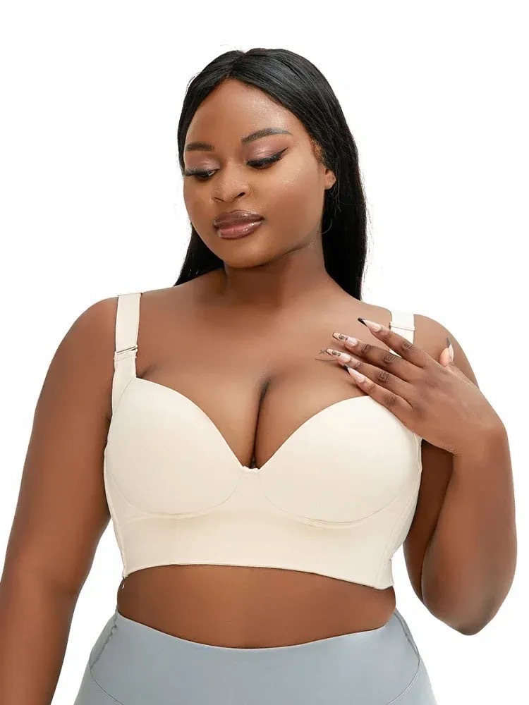 V888-ELOSUNG24139-202503251907-00 34/75F Beige Plus-Size Seamless Underwire Bra - Lift & Support Deep V Sports Back Design - Image 1