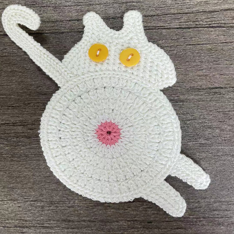 V888-ELOSUNG24198-202503251823-00 White Cat Butt Coasters 3-Piece Set - Cute Knitted Drink Coasters for Cat Lovers - Image 1