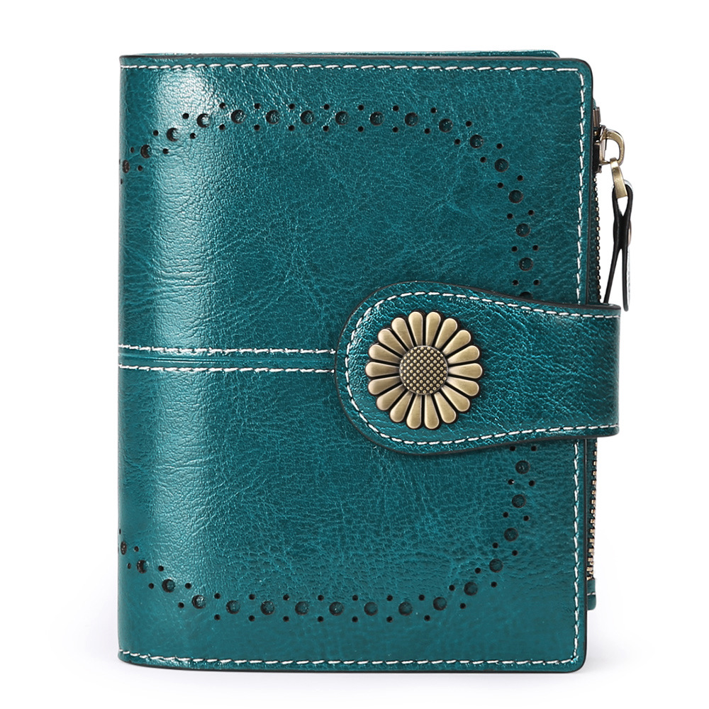 V888-ELOSUNG24276-202503282059-00 Peacock Blue (64 grain) Women's Short Leather Wallet - European Style Waxed Leather Coin Purse with Zipper Card Holder in Red - Image 1