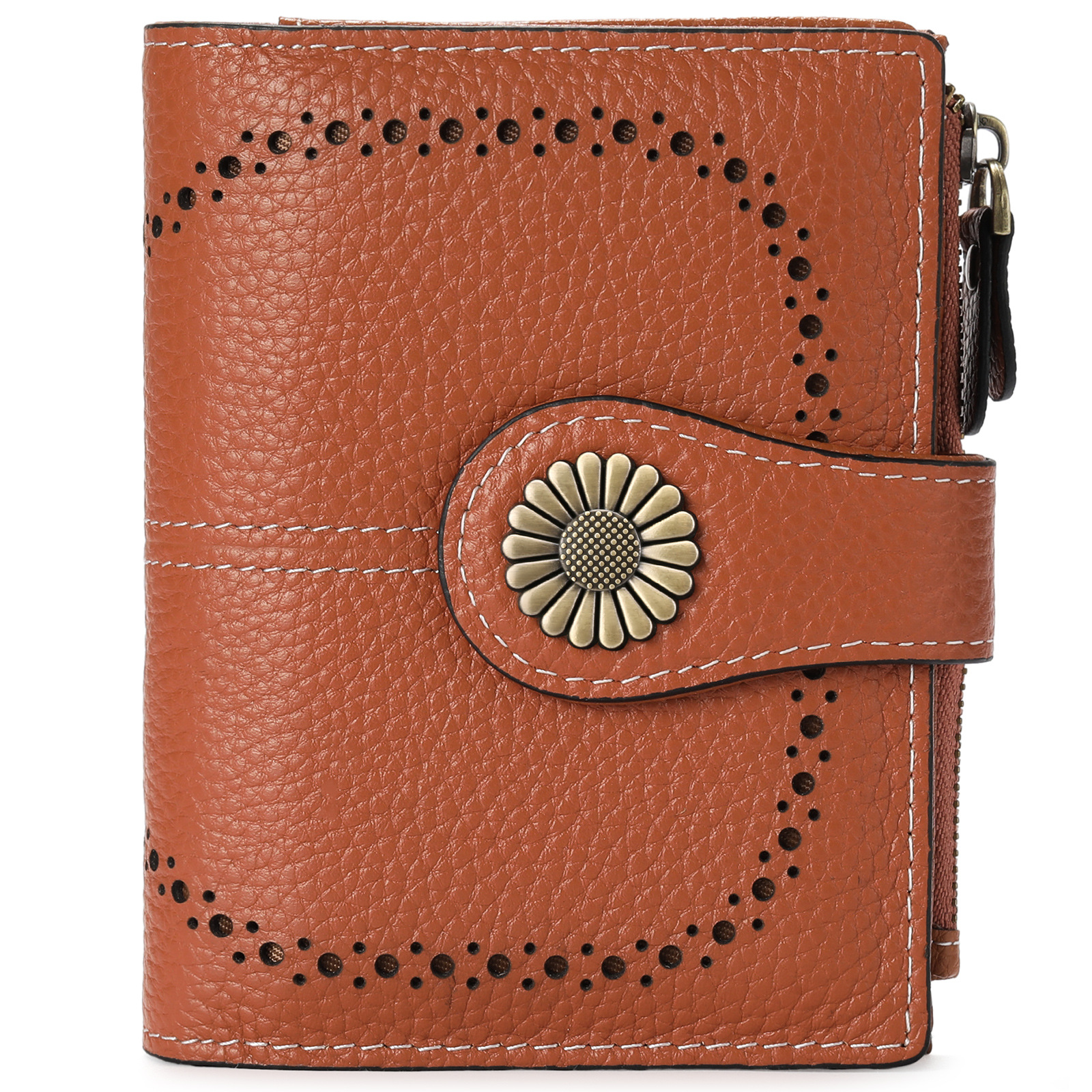 V888-ELOSUNG24297-202503282026-00 Light Brown (Wrestling) Women's Short Leather Wallet - European Style Waxed Leather Coin Purse with Zipper Card Holder in Red - Image 1