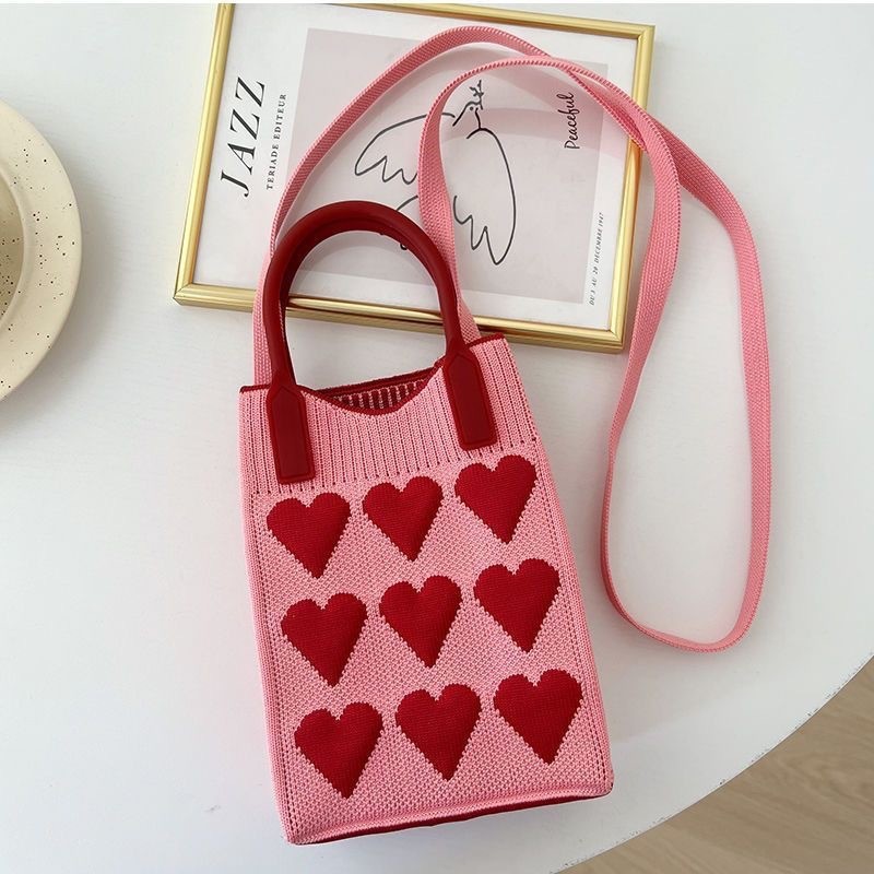 V888-ELOSUNG24466-202504031721-00 Red 3PCS Cute Heart Knit Phone Crossbody Bag - Korean Style Mini Shoulder Purse for Women - Image 1