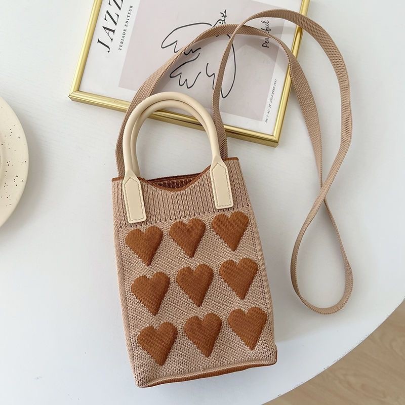 V888-ELOSUNG24467-202504031721-00 Khaki 3PCS Cute Heart Knit Phone Crossbody Bag - Korean Style Mini Shoulder Purse for Women - Image 1