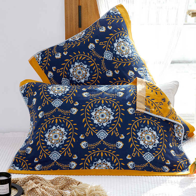 V888-ELOSUNG24719-202504171753-00 Single Blue Flower Butterfly Pillow Towel Premium Cotton Gauze Pillow Towel Pair - Simple Nordic Style (52x75cm) - Image 1