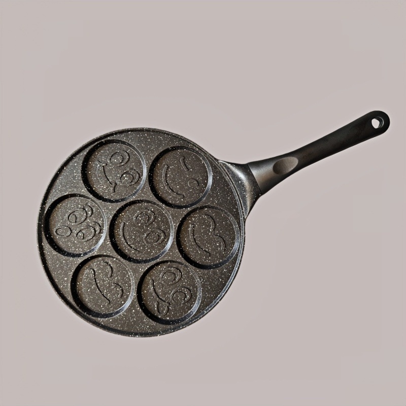 V888-ELOSUNG24748-202504171621-00 Black Smiley + Black Handle (gas model) Non-Stick Pancake Pan - 7-Hole Fun Shapes Breakfast Griddle (27cm) - Image 1