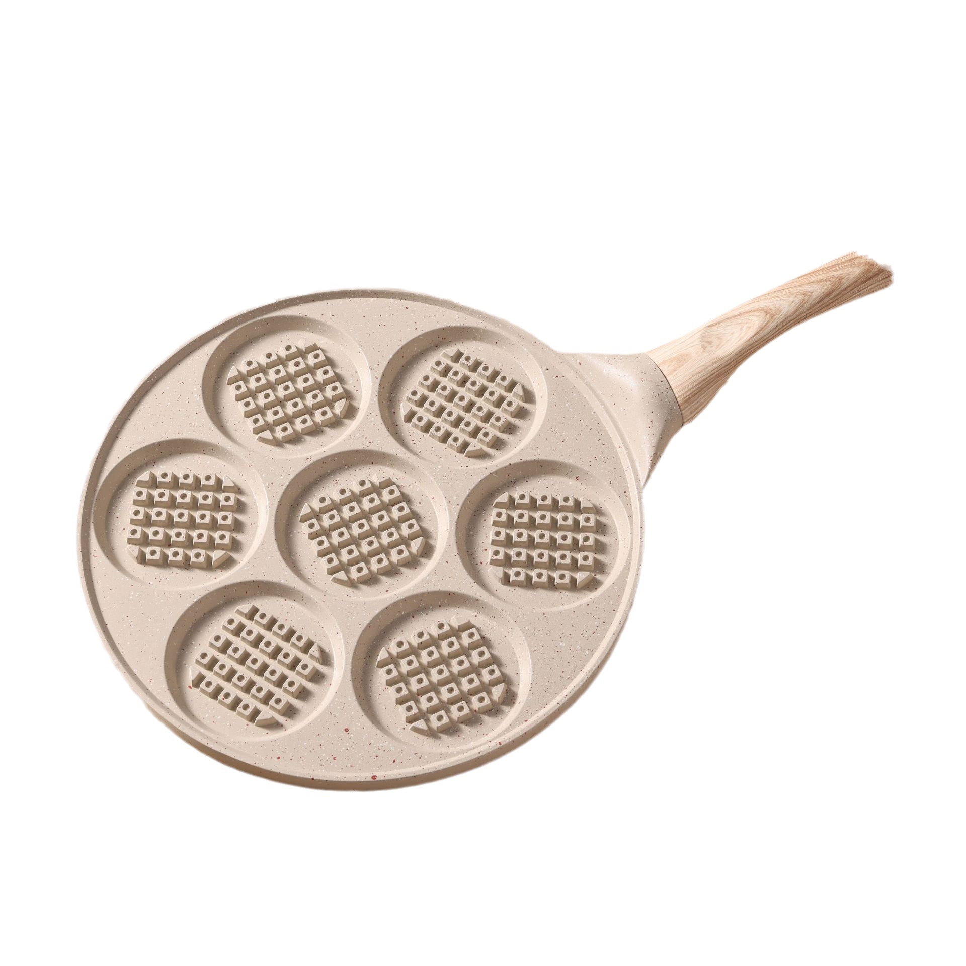 V888-ELOSUNG24789-202504171645-00 Beige Waffle + Wood Grain Handle (Gas Model) Non-Stick Pancake Pan - 7-Hole Fun Shapes Breakfast Griddle (27cm) - Image 1