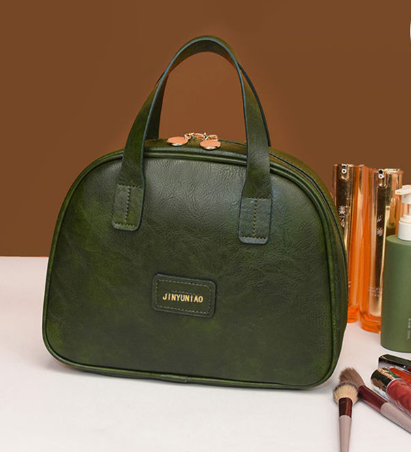 V888-ELOSUNG24934-202504211326-00 Green Retro PU Leather Cosmetic Bag - Large Capacity Travel Toiletry Organizer Pouch - Image 1