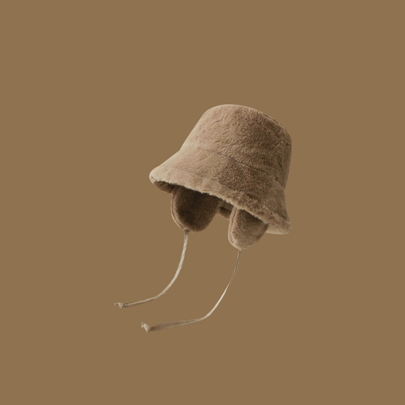 V888-ELOSUNG25168-202504171841-00 Plush Bucket Hat with Ear Flaps,Warm Furry Winter Hat in Khaki-One size (54-59cm) adjustable - Image 1