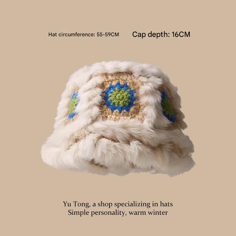 V888-ELOSUNG25172-202504171842-00 Plush Floral Bucket Hat,Warm Crocheted Winter Hat in Beige-Hat circumference: 56-60cm - Image 1