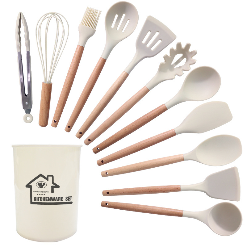 V888-ELOSUNG25198-202504211141-00 White 11-Piece Silicone Kitchen Utensil Set with Wooden Handles and Storage Bucket - Heat Resistant and Non-Stick - Image 1