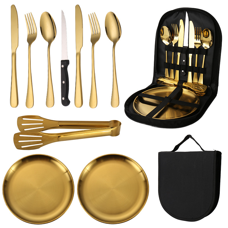 V888-ELOSUNG25206-202504211232-00 6-Piece Portable Stainless Steel Cutlery Set with Plate and Bag - Gold, Great for Camping and Travel (Steak Knife) - Image 1