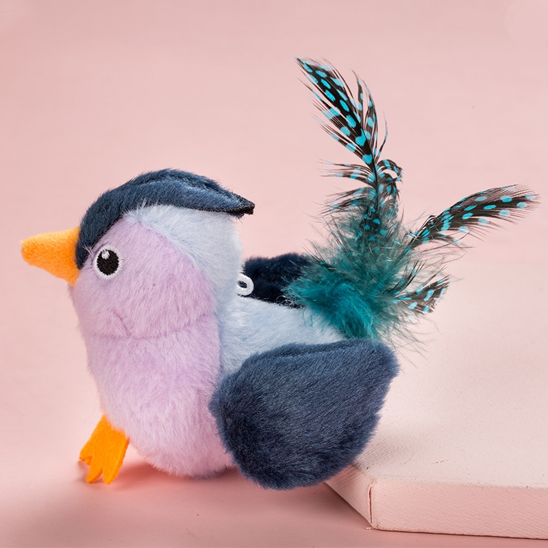 V888-ELOSUNG25252-202504231902-00 Interactive Plush Cat Toy - Lifelike Bird with Chirping Sounds and Feathers,Purple Gray - Image 1
