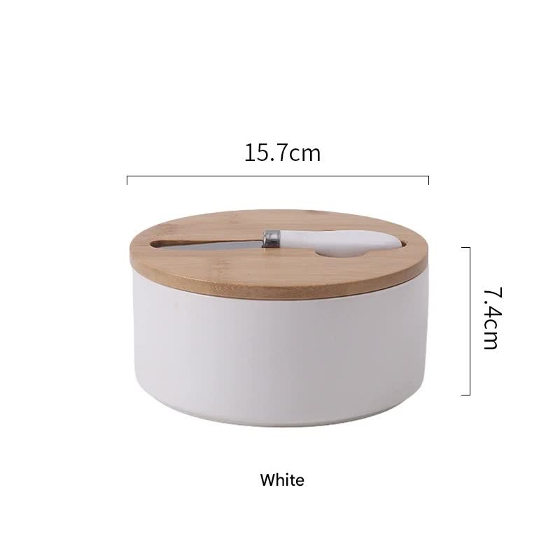 V888-ELOSUNG25277-202504211336-00 White Nordic Ceramic Butter Dish with Knife - Airtight Cheese Container with Bamboo Lid, Kitchen Storage - Image 1