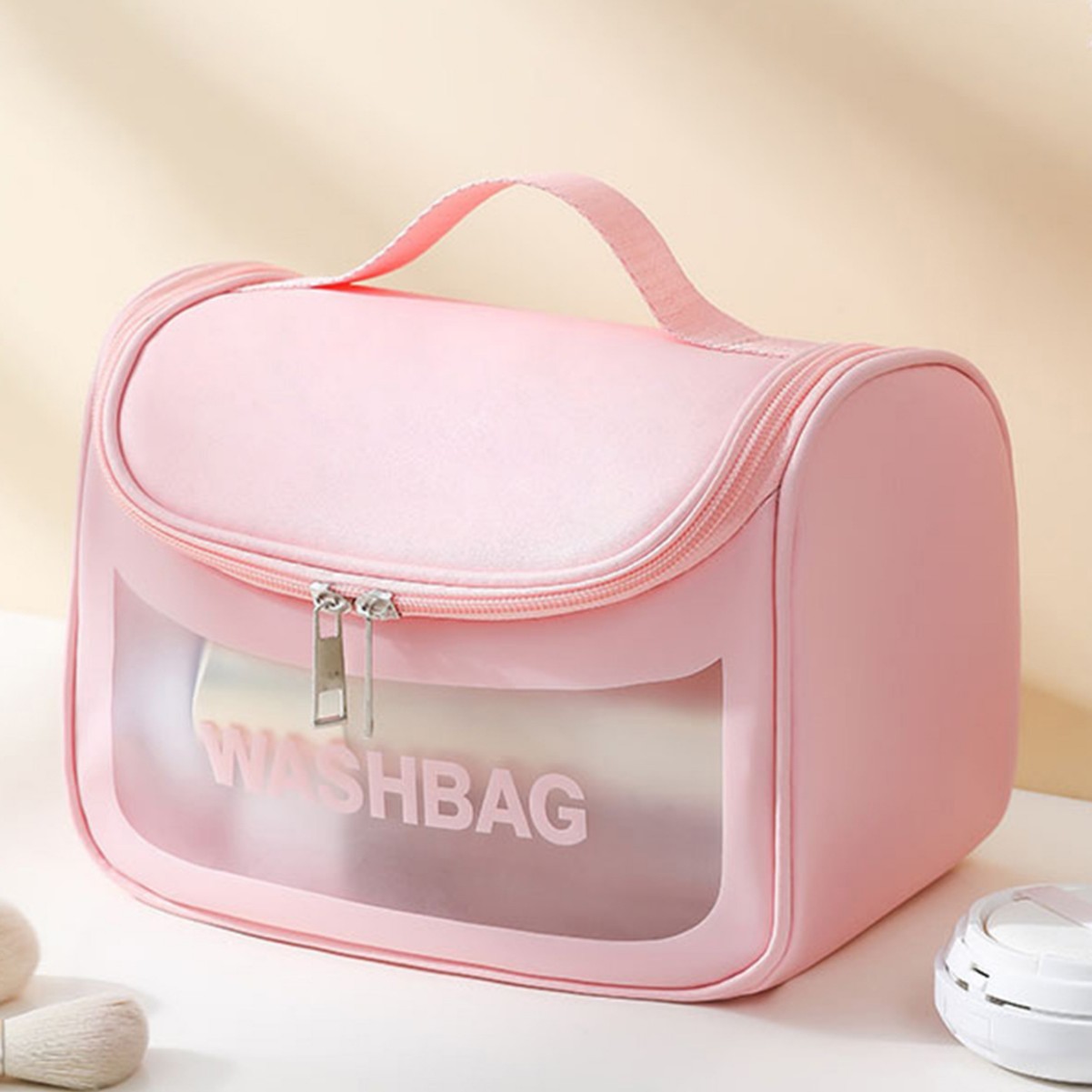 V888-ELOSUNG25391-202504281530-00 PVC Transparent Cosmetic Bag,Waterproof Portable Travel Organizer with Handle(Pink) - Image 1