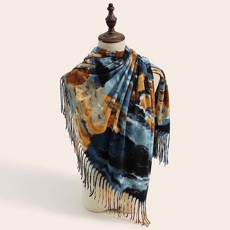 V888-ELOSUNG25444-202504281346-00 Stylish Animal Print Scarf - Warm Fall/Winter Shawl with Tassels, Imitation Cashmere(Blue-yellow) - Image 1