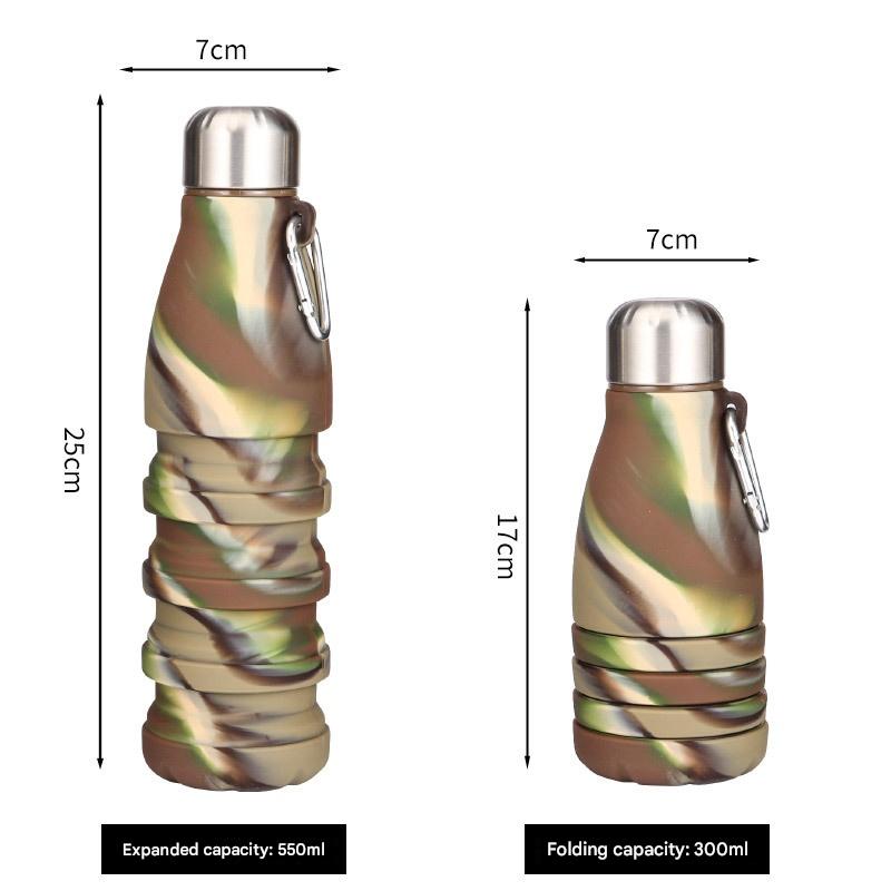 V888-ELOSUNG25453-202504281213-00 Camouflage Green Collapsible Silicone Water Bottle - Portable Sports Hydration Flask with Carabiner, 550ml/300ml - Image 1