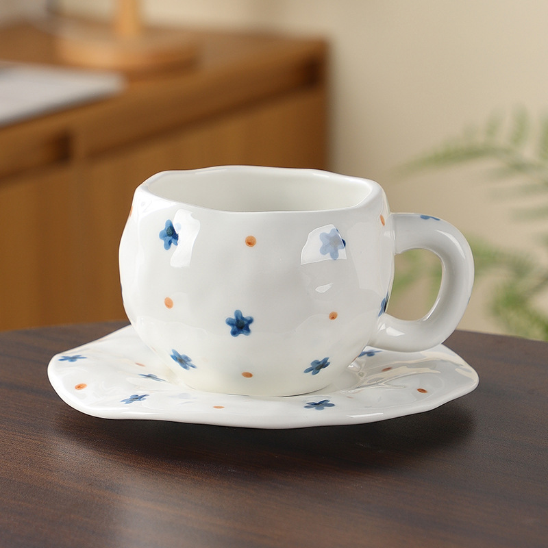 V888-ELOSUNG25532-202504281308-00 Hand-Painted Ceramic Coffee Cup and Saucer Set - Vintage Afternoon Tea(Blue five-pointed star) - Image 1