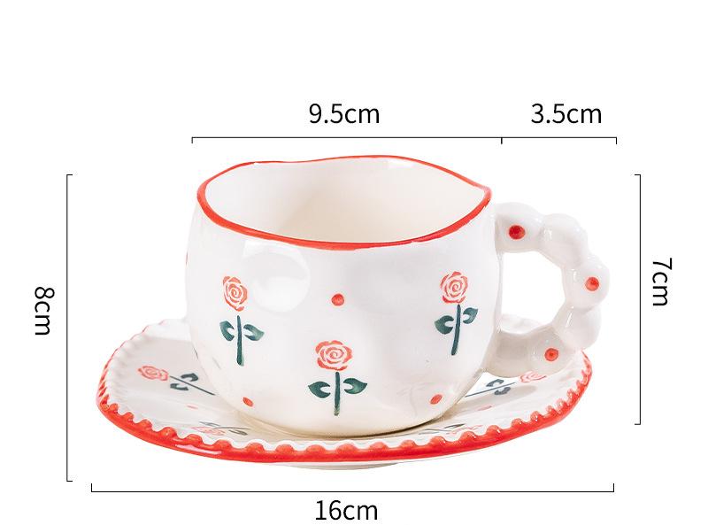V888-ELOSUNG25557-202504281417-00 Hand-Painted Ceramic Coffee Mug and Saucer Set - Whimsical Afternoon Tea Cup with Spoon(Red rose) - Image 1