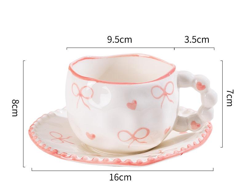 V888-ELOSUNG25558-202504281418-00 Hand-Painted Ceramic Coffee Mug and Saucer Set - Whimsical Afternoon Tea Cup with Spoon(Pink-edged bow) - Image 1