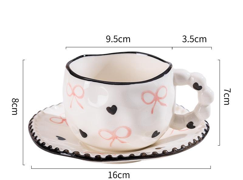 V888-ELOSUNG25559-202504281418-00 Hand-Painted Ceramic Coffee Mug and Saucer Set - Whimsical Afternoon Tea Cup with Spoon(Black-edged bow) - Image 1