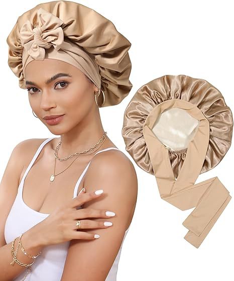 V888-ELOSUNG25643-202505081708-00 Luxury Double-Sided Satin Bonnet with Elastic Band(Khaki + beige lining) - Image 1