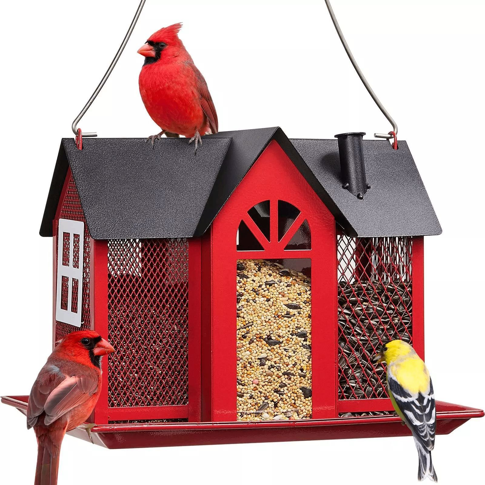V888-ELOSUNG25685-202505081727-00 Charming House-Shaped Hanging Bird Feeder - Durable Metal Design for Wild Birds(red) - Image 1