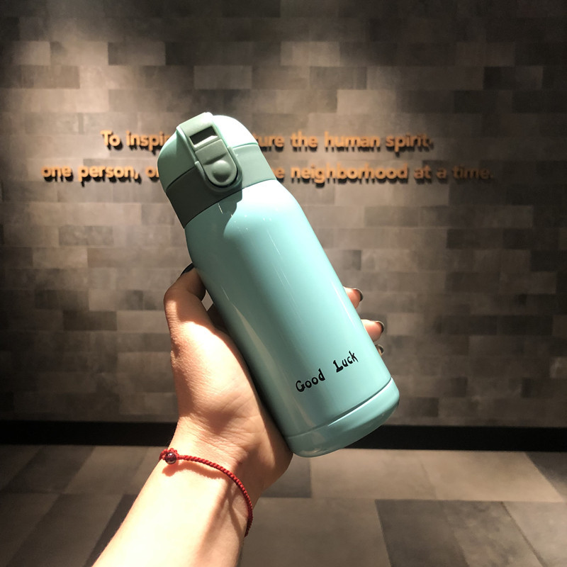 V888-ELOSUNG25796-202505131906-00 Good Luck" Mini Stainless Steel Thermos Flask - 350ml Leakproof Insulated Bottle with Pop-Up Lid & Strap(blue)" - Image 1