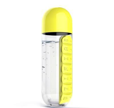 V888-ELOSUNG25823-202505131916-00 2pc 2-in-1 Water Bottle with 7-Day Pill Organizer - 600ml BPA-Free, Portable & Leakproof(Yellow) - Image 1