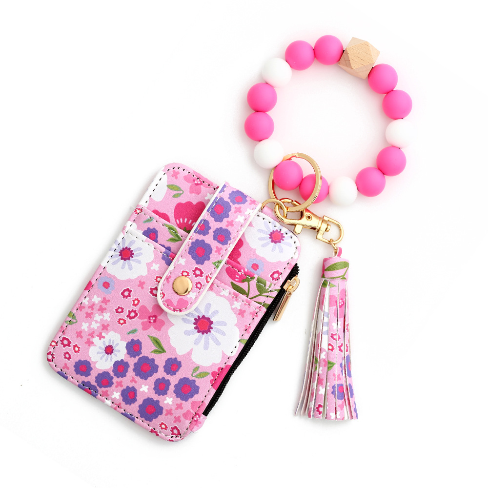 V888-ELOSUNG25907-202505151747-00 Floral Slim Card Holder Wallet with Beaded Keychain Bracelet & Tassel - 4 Card Slots, ID Window(Rose red) - Image 1