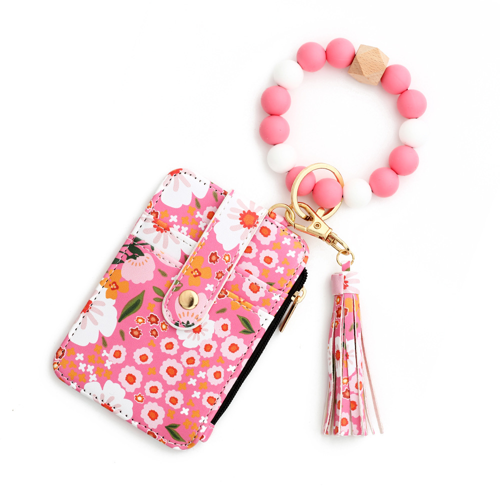 V888-ELOSUNG25908-202505151812-00 Floral Slim Card Holder Wallet with Beaded Keychain Bracelet & Tassel - 4 Card Slots, ID Window(Dark Pink) - Image 1