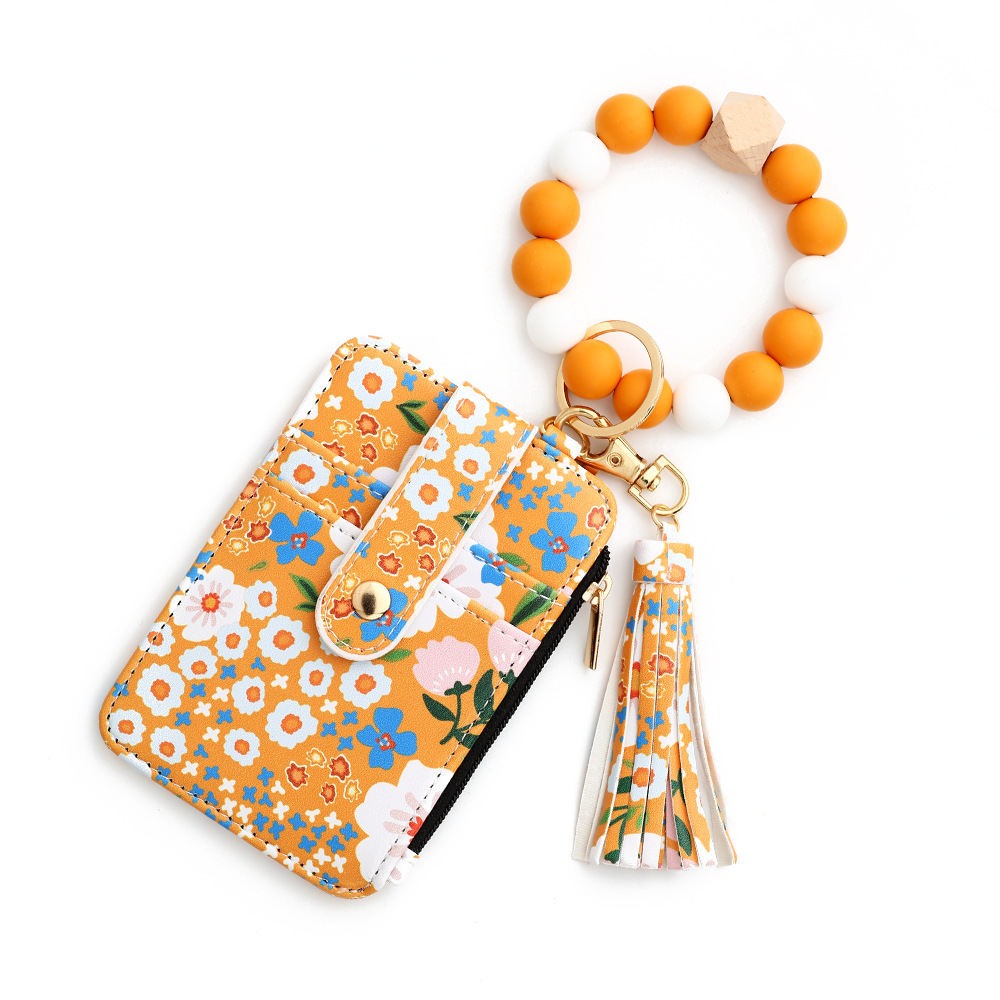 V888-ELOSUNG25909-202505151748-00 Floral Slim Card Holder Wallet with Beaded Keychain Bracelet & Tassel - 4 Card Slots, ID Window(Yellow) - Image 1