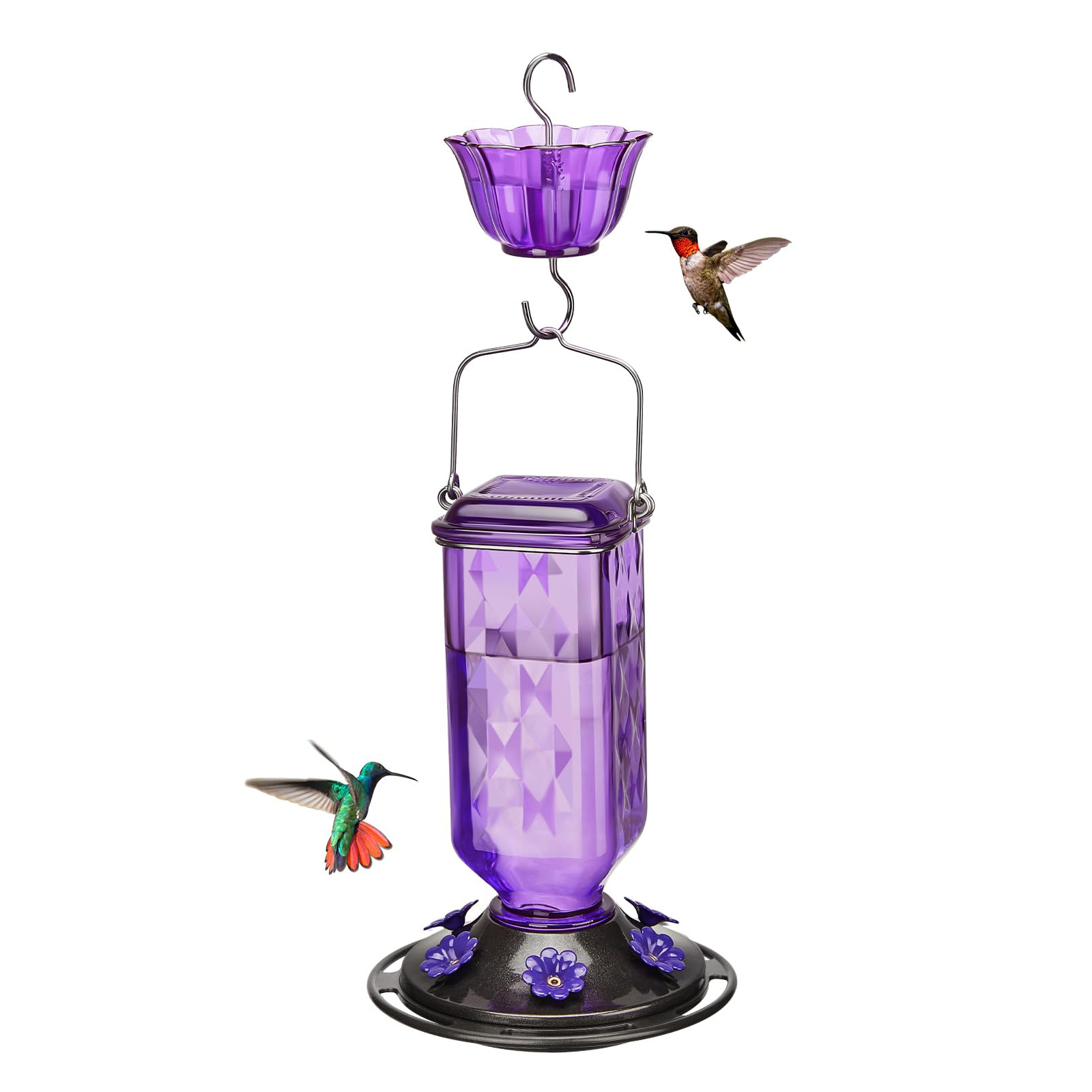 V888-ELOSUNG25954-202505191226-00 Elegant Hanging Hummingbird Feeder - Decorative Glass Nectar Bottle with Ant Moat, 6 Feeding Ports(Purple) - Image 1