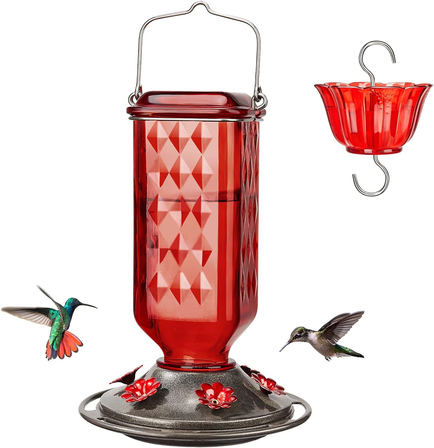 V888-ELOSUNG25955-202505191210-00 Elegant Hanging Hummingbird Feeder - Decorative Glass Nectar Bottle with Ant Moat, 6 Feeding Ports(Red) - Image 1