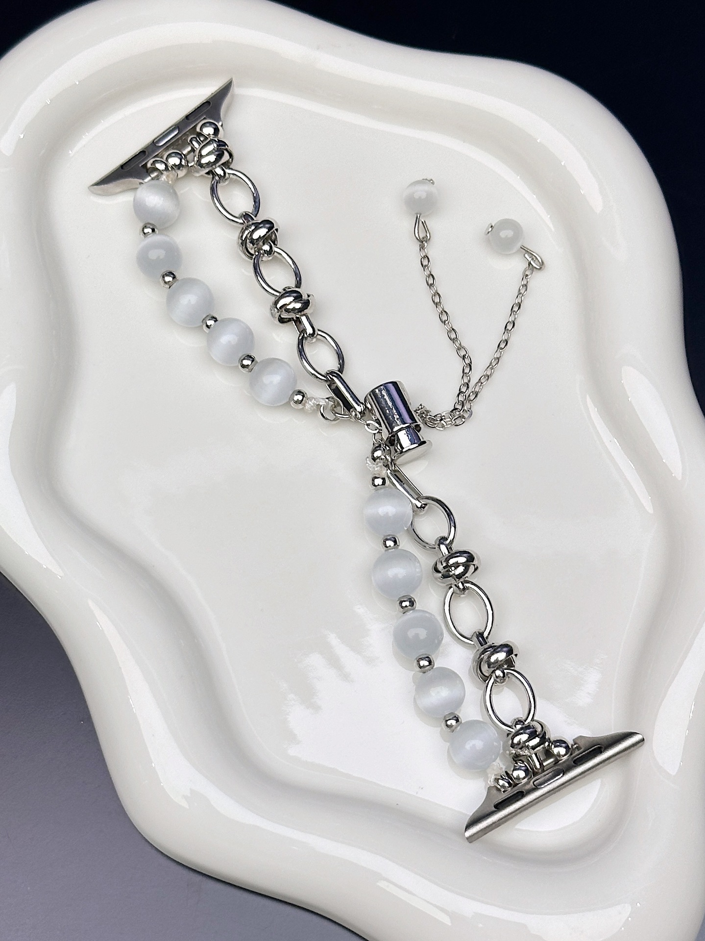 V888-ELOSUNG26000-202504141720-00 2-pcs Silver Elegant Cat's Eye Beaded Bracelet Band for Apple Watch - Women's Luxury Strap (Compatible Size :42/44/45MM ) - Image 1