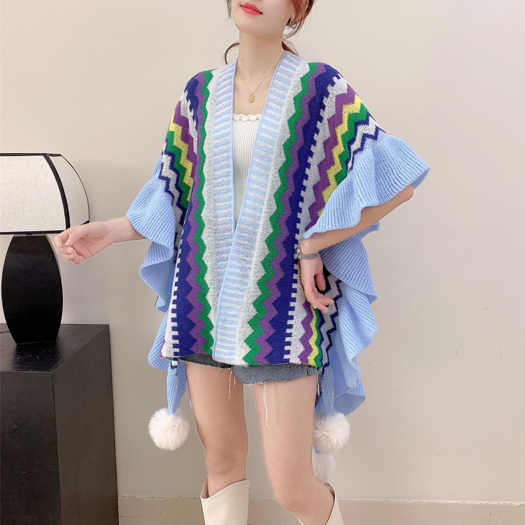 V888-ELOSUNG26108-202504171740-00 Light blue Women's printed knitted cardigan cape with ruffled sleeves (Style 2) - Image 1