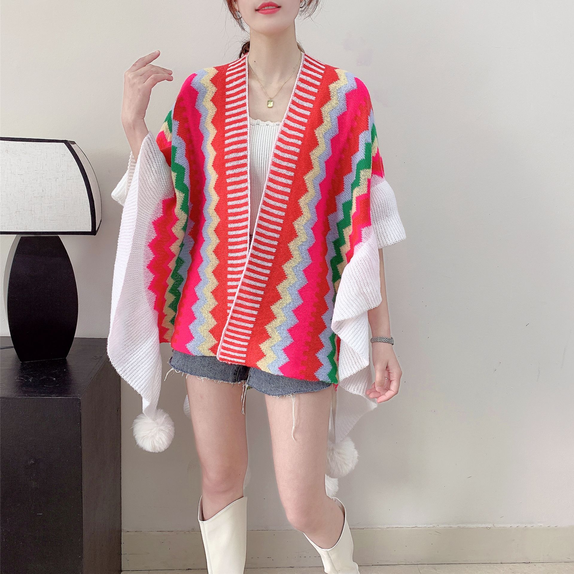 V888-ELOSUNG26109-202504171720-00 Red Women's printed knitted cardigan cape with ruffled sleeves (Style 1) - Image 1