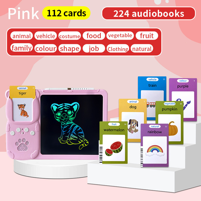 V888-ELOSUNG26174-202504171621-00 Pink (112 cards, pure English) Kids Interactive Early Education Toy: Combination Card Reader & LCD Drawing Board for Toddlers - Image 1