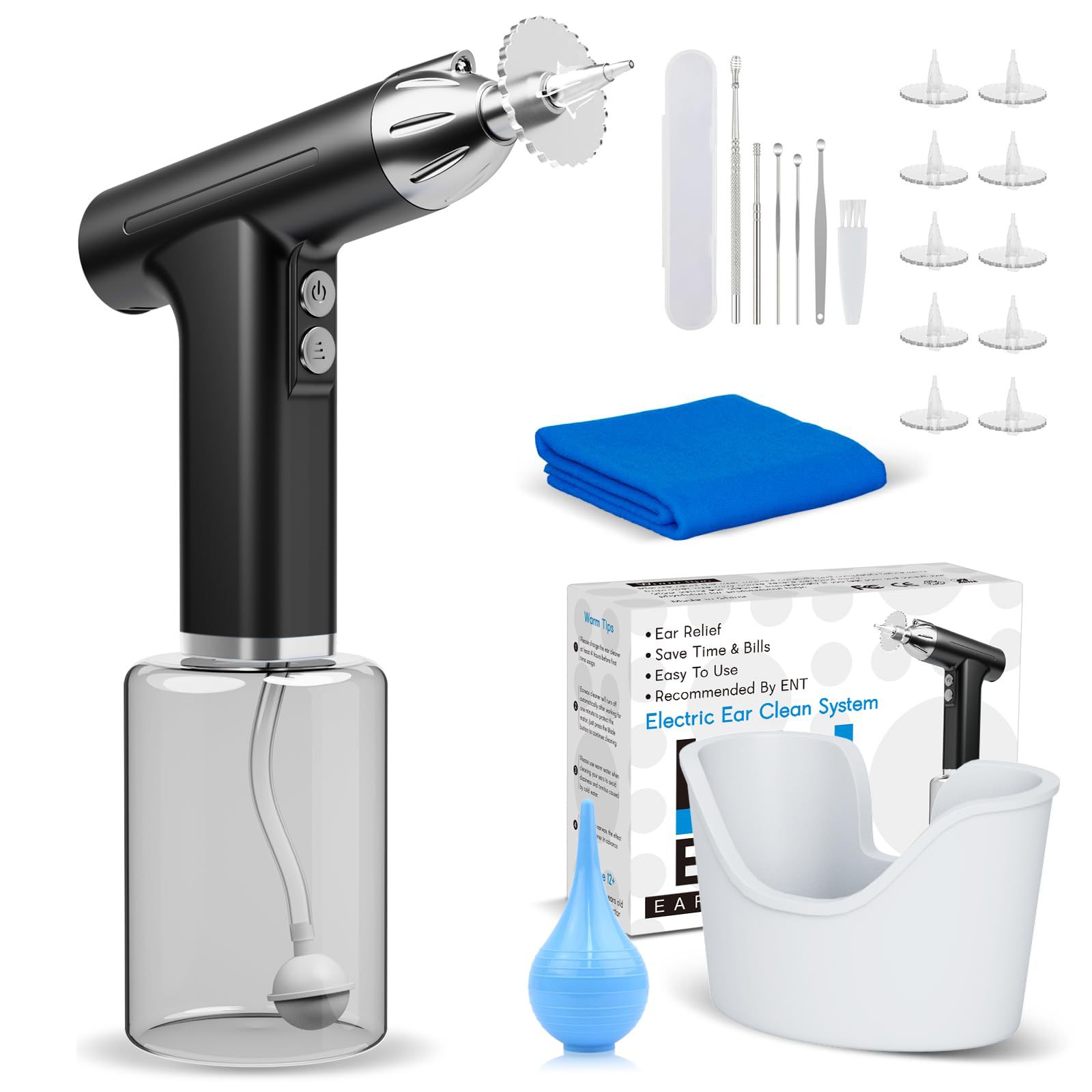 V888-ELOSUNG26204-202504211137-00 Black Electric Earwax Irrigator Set - Gentle and effective earwax cleaner with collection basin and earplugs - Image 1