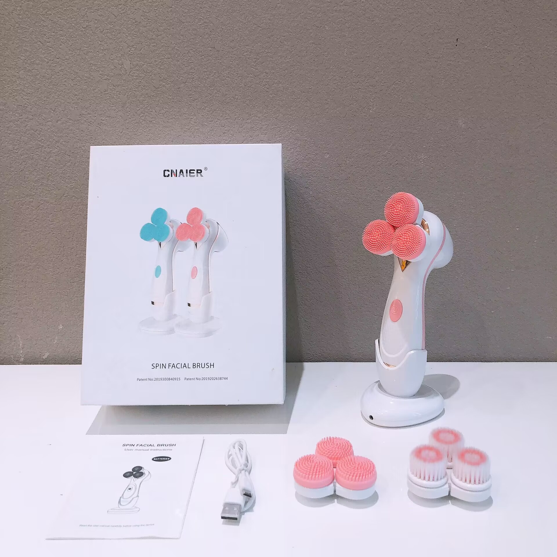 V888-ELOSUNG26215-202504211236-00 Pink 3-Head Electric Facial Cleansing Brush - Rechargeable Spin Scrubber Kit - Image 1