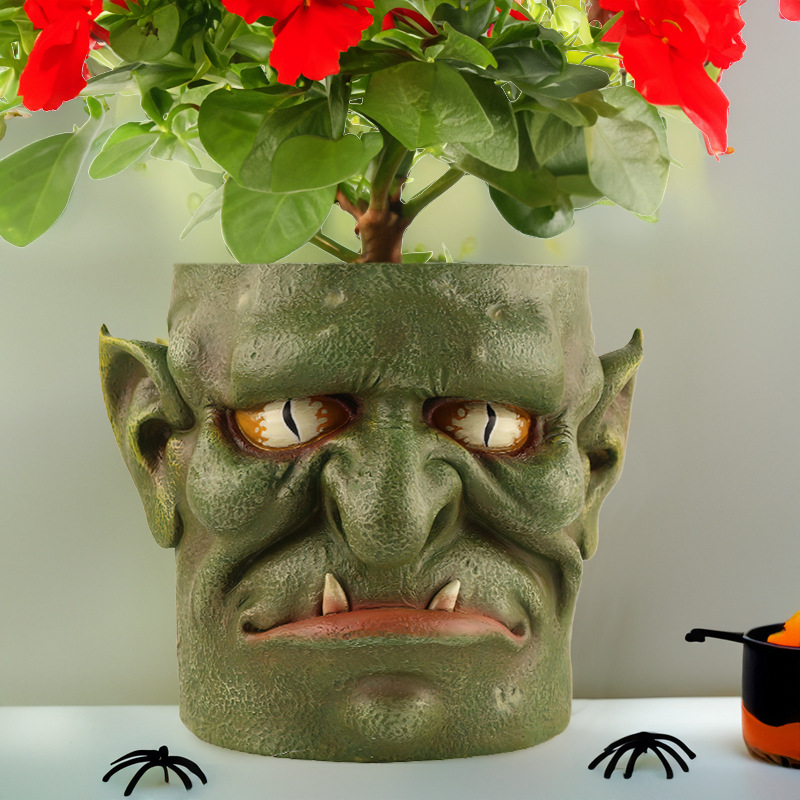 V888-ELOSUNG26220-202504211222-00 Green Unique Goblin Head Planter Pot - Resin Monster Face for Succulents & Decor (Style 1) - Image 1